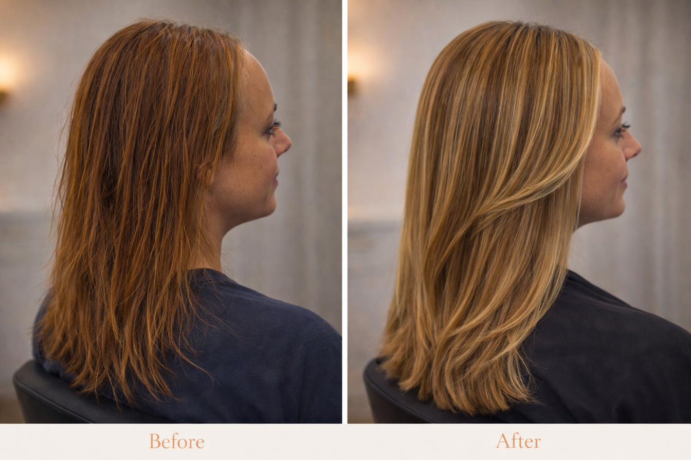 Before and after highlights transformation - brassy to dimensional blonde