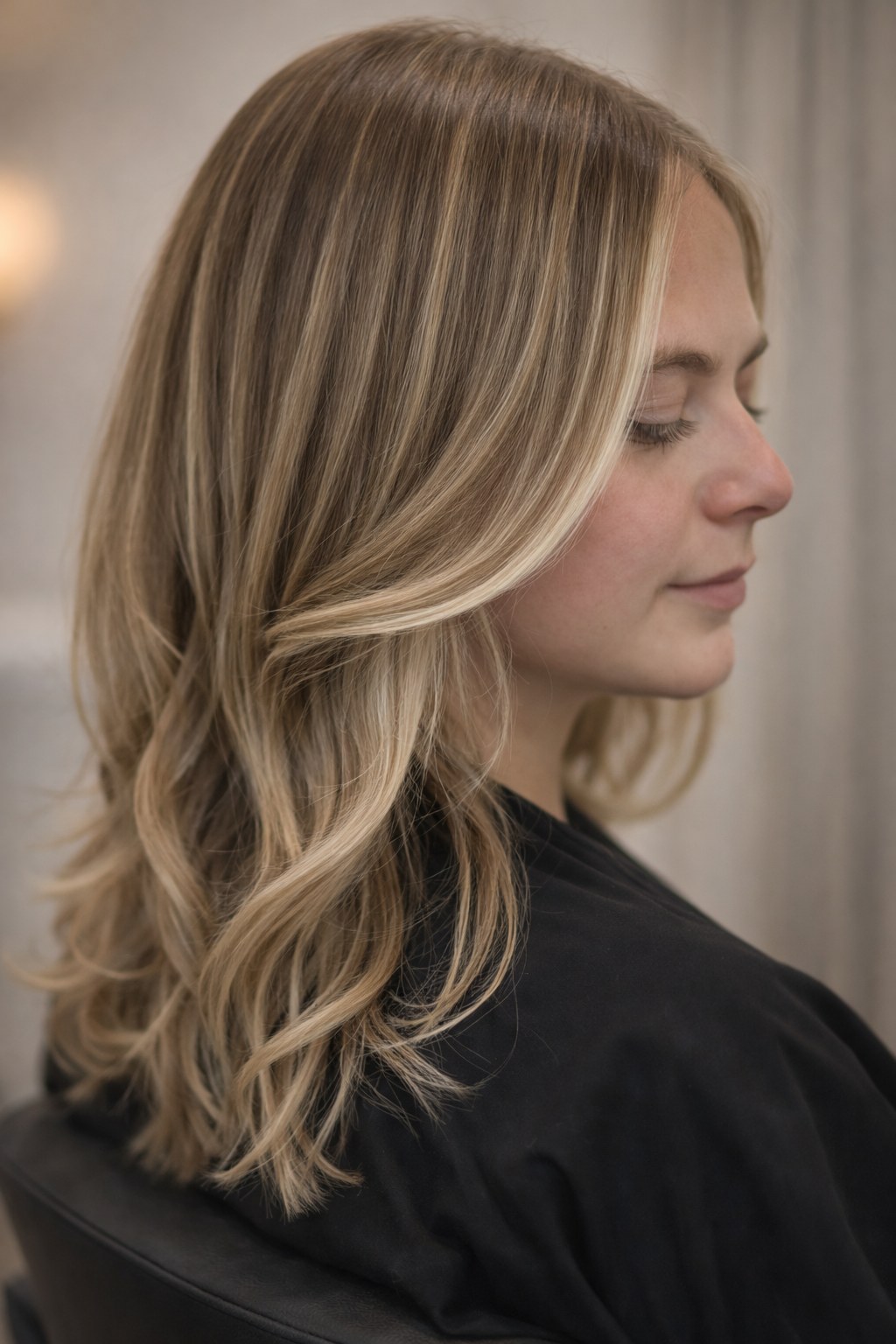 Long brunette balayage with blonde dimension, styled waves